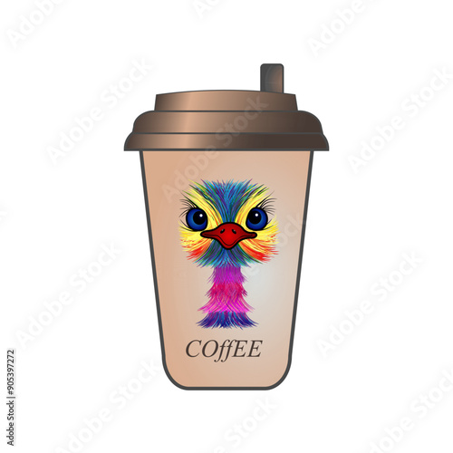 A cup of coffee to go, with a cool ostrich print. To lift your morning mood. Isolated on white background, vector illustration. photo