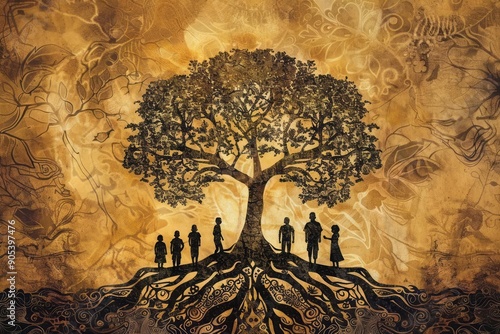 Abstract representation of a family tree, with roots and branches forming intricate patterns and figures photo