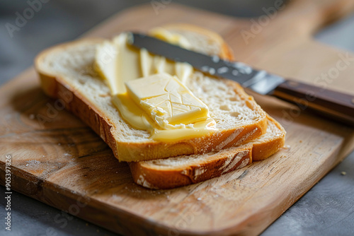 Breakfast. A cut piece of bread with butter spread on it. Sandwiches. photo