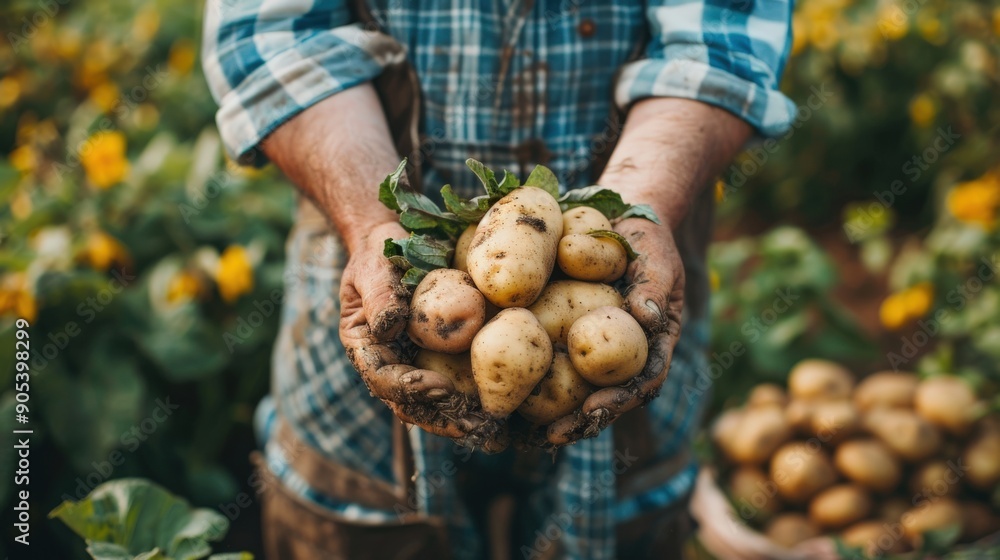 Close-up of a farmer's hands holding freshly harvested potatoes in a field. Close-up of a farmer's hands holding freshly harvested potatoes in a field.
