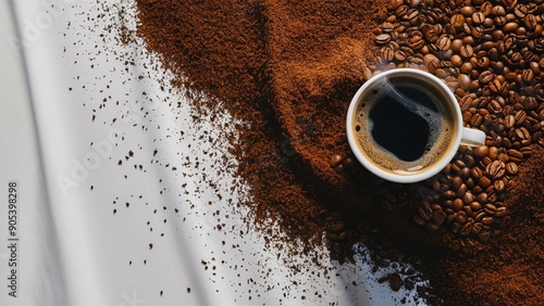 a cup of coffee on a heap of ground coffee or coffee powder with coffee beans on white background