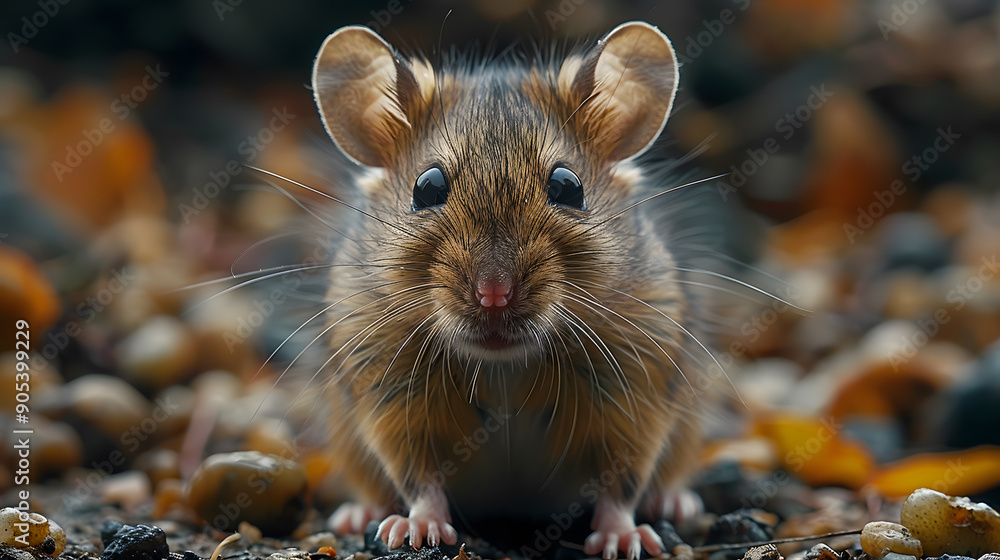 Close-up of an adorable mouse with large ears and bright eyes, surrounded by colorful pebbles and natural background. Close-up of an adorable mouse with large ears and bright eyes, surrounded by colorful pebbles and natural background.
