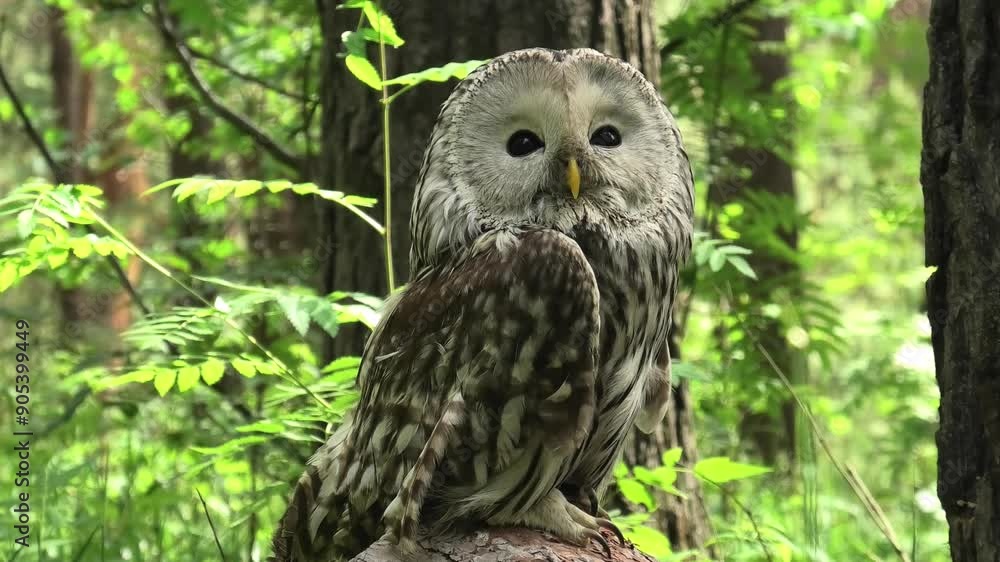 Ural owl in a summer forest (Strix uralensis) Ural owl in a summer forest (Strix uralensis)