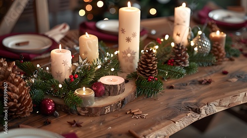 Christmas table decor made of wood with festive elements like candles