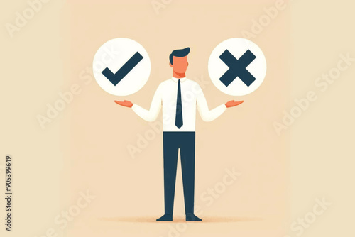 Illustration of a businessman standing between a checkmark and a cross, symbolizing decision making and choices