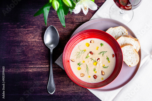 Creme de couve-flor tostada, com amêndoas e endro.
Roasted cauliflower cream, with almonds and dill.