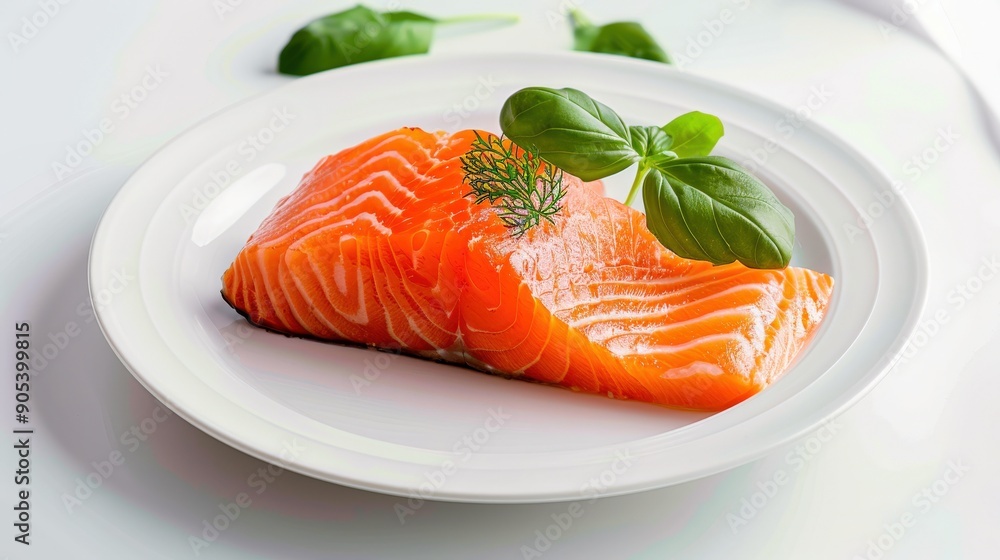 Fresh salmon fillet on a white plate garnished with basil. Fresh salmon fillet on a white plate garnished with basil.