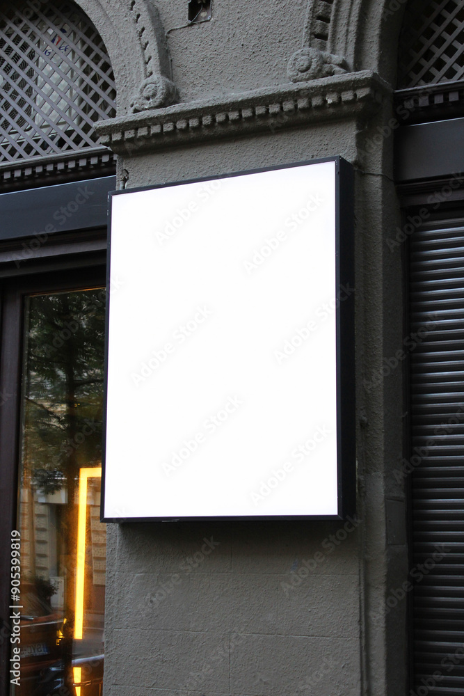 Blank white restaurant or shop sign mockup, large billboard banner on a storefront template. Blank white restaurant or shop sign mockup, large billboard banner on a storefront template.