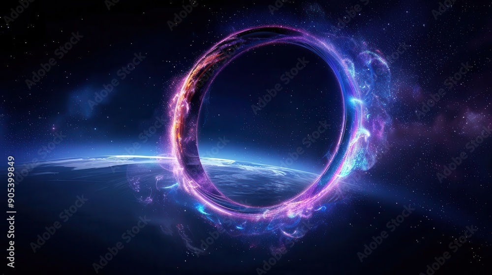 A glowing ring-shaped portal in space above Earth. A glowing ring-shaped portal in space above Earth.