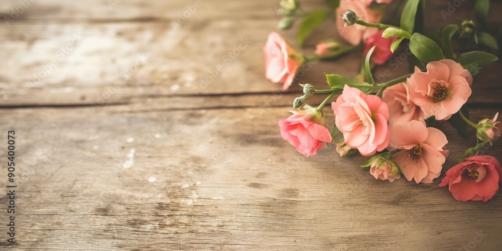 Beautiful pink flowers lying on a rustic wooden table, bathed in soft natural light, evoking a sense of nostalgia and beauty. Beautiful pink flowers lying on a rustic wooden table, bathed in soft natural light, evoking a sense of nostalgia and beauty.