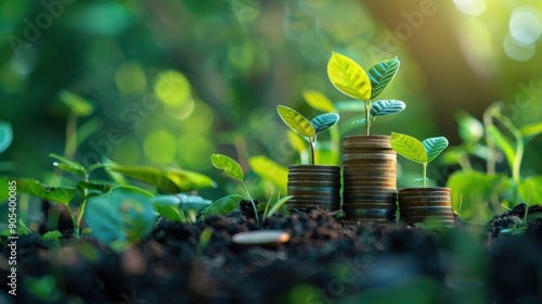 Green saplings growing out of stacks of coins in the soil.  A concept of financial growth and prosperity. photo