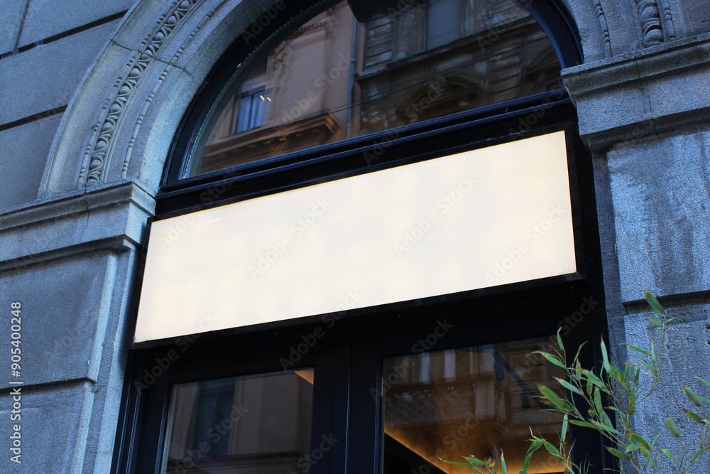 Fototapeta premium Blank white restaurant or shop sign mockup, large billboard banner on a storefront template.