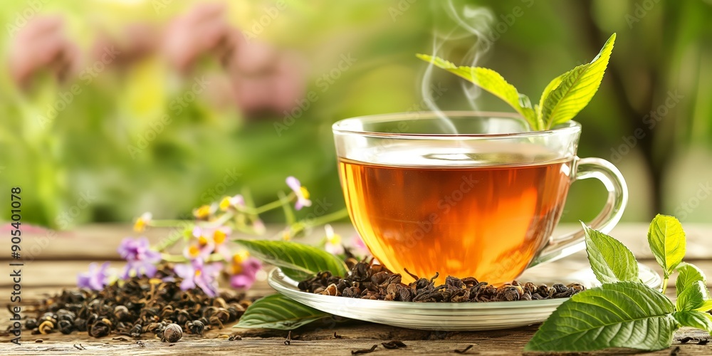 A steaming glass cup of tea garnished with fresh leaves, surrounded by tea particles on a wooden table with a lush green backdrop. A steaming glass cup of tea garnished with fresh leaves, surrounded by tea particles on a wooden table with a lush green backdrop.