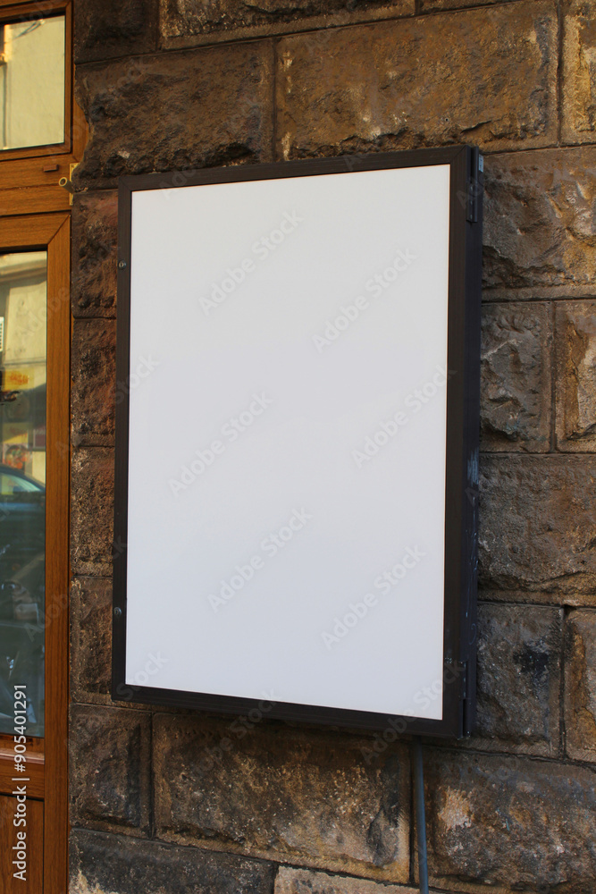 Large white billboard banner on an office or storefront mockup. Blank white office or shop sign mock up template. Large white billboard banner on an office or storefront mockup. Blank white office or shop sign mock up template.