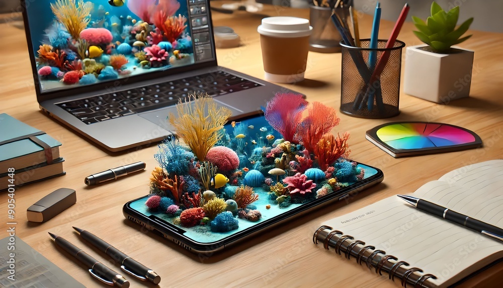 Smartphone on Desk with 3D Coral Reef Protruding Smartphone on Desk with 3D Coral Reef Protruding