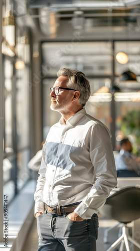 Determined Entrepreneur Gazing Out Modern Office Window, Leading a Thriving Team in an Innovative Workspace