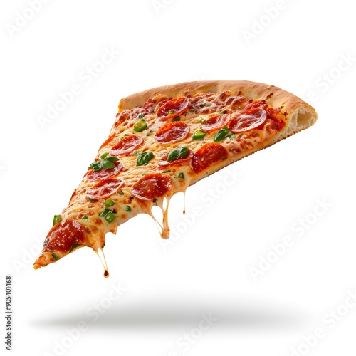 Delicious cheesy pepperoni pizza slice isolated on white background