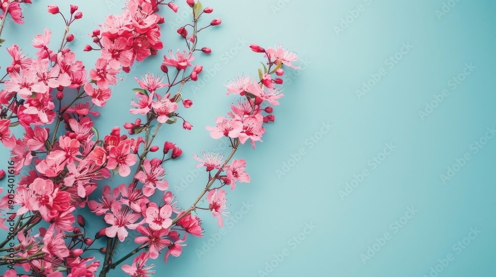 Pink cherry blossoms arranged on a light blue background. Perfect for spring and floral designs. Pink cherry blossoms arranged on a light blue background. Perfect for spring and floral designs.