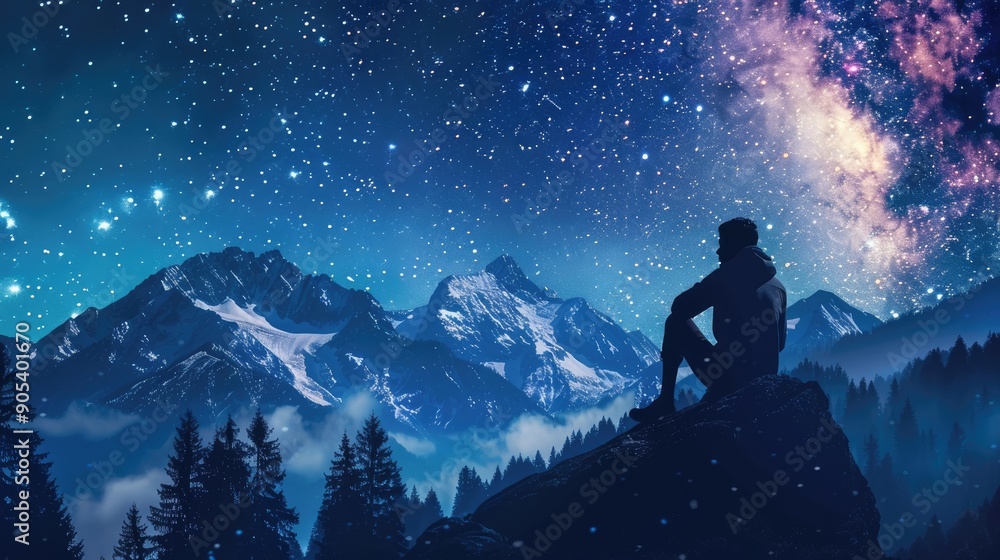 Man Sitting on Rock Gazing at Starry Night Sky Over Winter Forest and Mountains Man Sitting on Rock Gazing at Starry Night Sky Over Winter Forest and Mountains