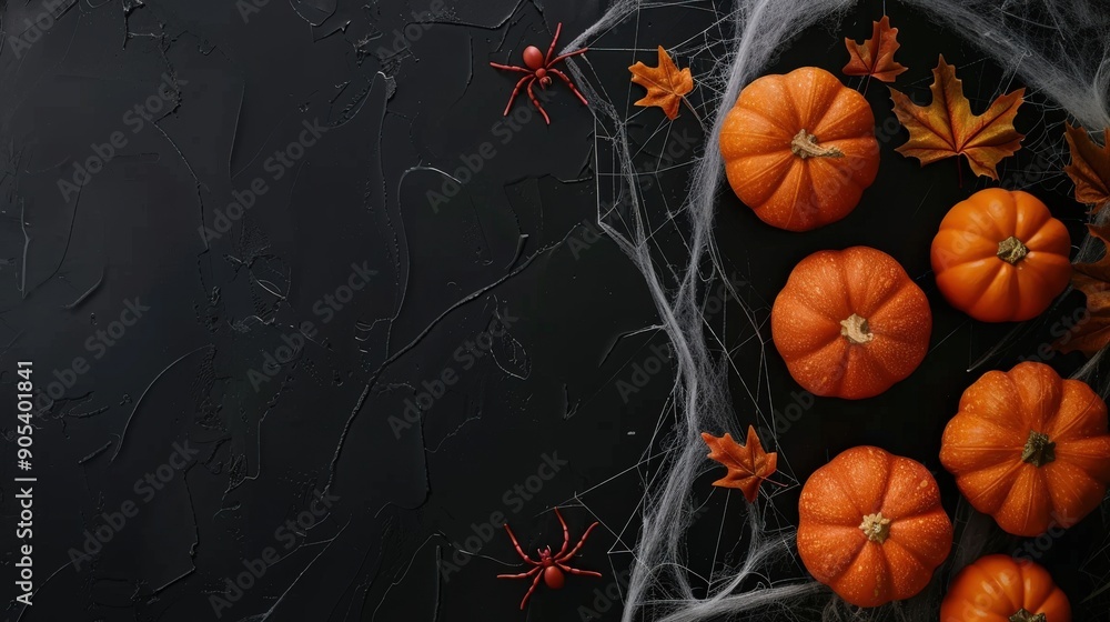 Pumpkins and spiderwebs on a black background. Perfect for Halloween. Pumpkins and spiderwebs on a black background. Perfect for Halloween.