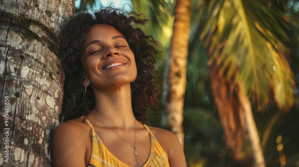 Woman leaning on the trunk of a palm tree, with a wide smile and closed eyes. generative ai Woman leaning on the trunk of a palm tree, with a wide smile and closed eyes. generative ai