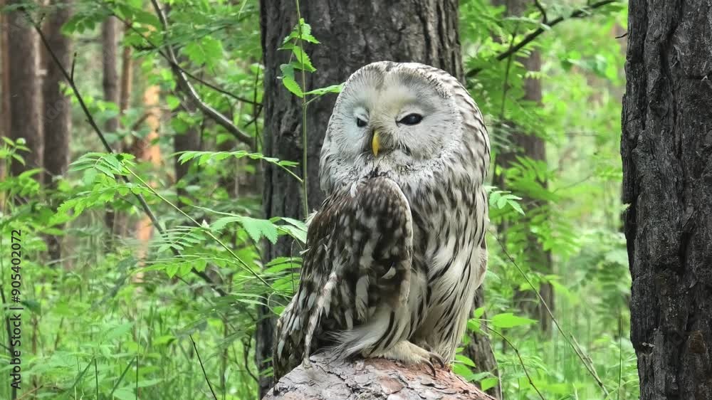 Ural owl in a summer forest (Strix uralensis)