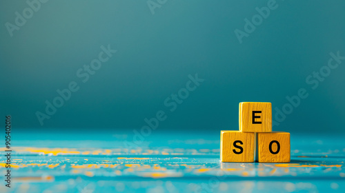 SEO. Yellow wooden cubes with the word SEO on them. Blue background. Search engine optimization photo