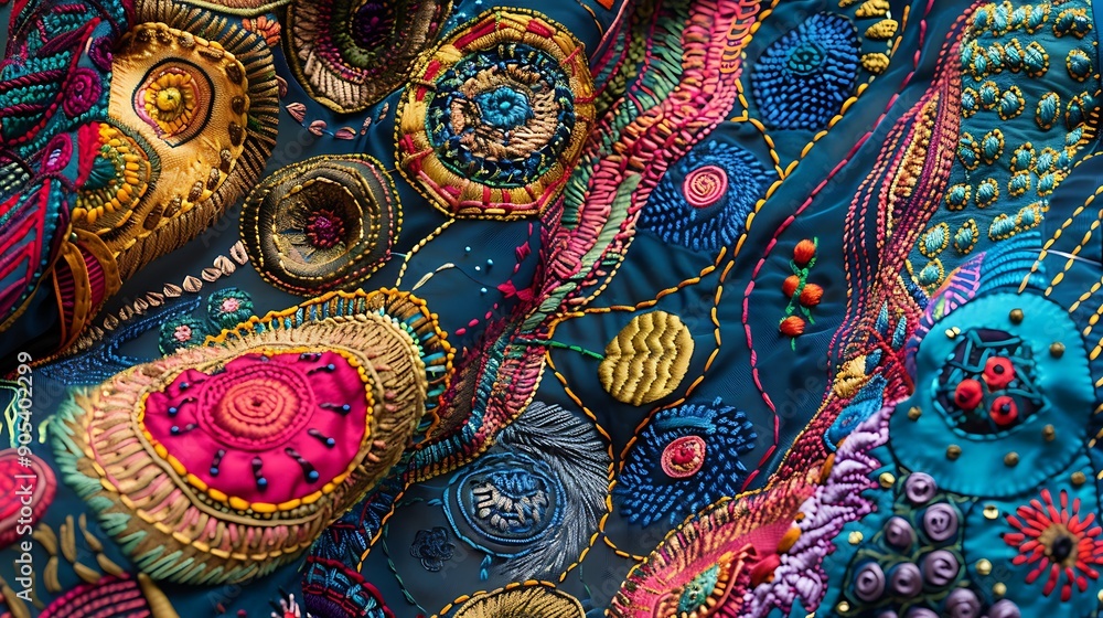 Artistic embroidery on fabric, showcasing a intricate patterns and stitches. Artistic embroidery on fabric, showcasing a intricate patterns and stitches.