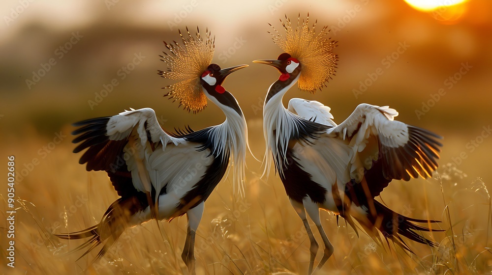 Fototapeta premium A pair of elegant cranes dance gracefully in a golden sunset, showcasing their vibrant feathers and intricate courtship rituals.
