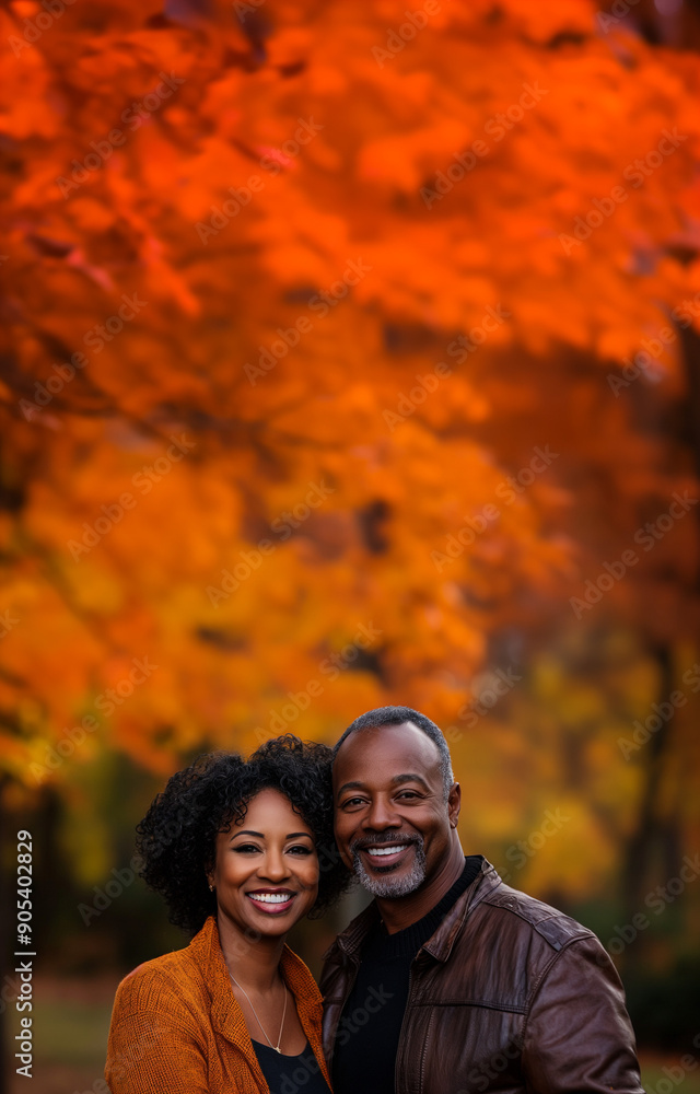 portrait of middle age african american couple standing outside; autumn/fall forest as a background; copy space for text portrait of middle age african american couple standing outside; autumn/fall forest as a background; copy space for text