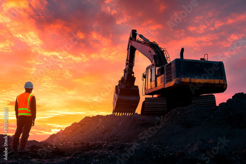 Wallpaper Mural Silhouette of a construction worker standing on the top of a rock and looking at the sunset Torontodigital.ca