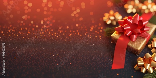 Wallpaper Mural Golden Christmas gift with red ribbon on glittering background. Ideal for festive advertisements, holiday cards, and winter promotions. Torontodigital.ca
