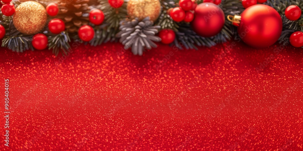 Christmas decorations with red baubles, pine cones, and berries on a glittering red background. Perfect for festive holiday designs and greeting cards.