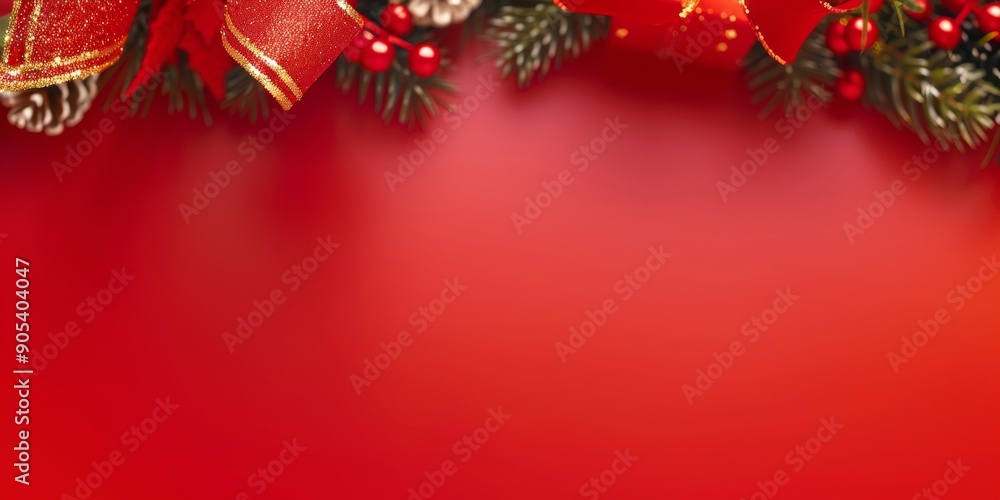 Red Christmas decorations with ribbons and pine cones on a bright red background. Ideal for festive holiday designs and seasonal projects. Red Christmas decorations with ribbons and pine cones on a bright red background. Ideal for festive holiday designs and seasonal projects.