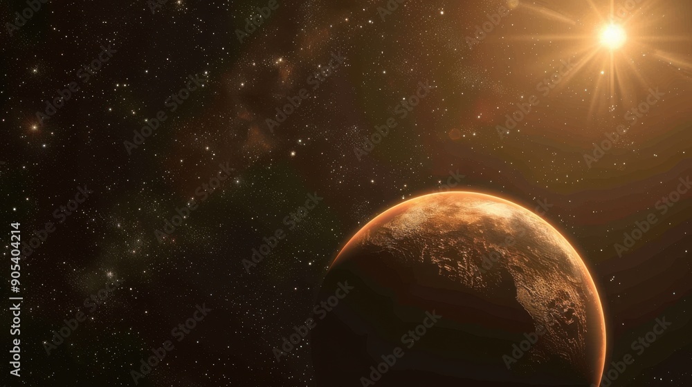 A close-up view of an exoplanet in orbit around a distant star, with the planet's atmosphere and surface features visible, surrounded by the dark, star-speckled backdrop of space A close-up view of an exoplanet in orbit around a distant star, with the planet's atmosphere and surface features visible, surrounded by the dark, star-speckled backdrop of space