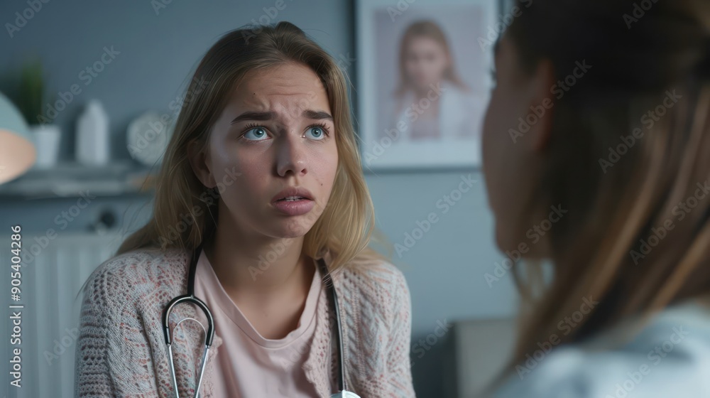 Fototapeta premium Young woman looking concerned while talking to her doctor about abnormal menstrual cycles.