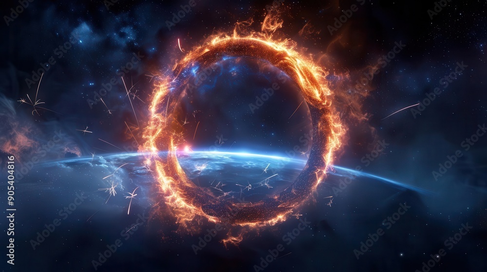 Fiery ring encircling a planet, with sparks and smoke swirling in the cosmos. Fiery ring encircling a planet, with sparks and smoke swirling in the cosmos.