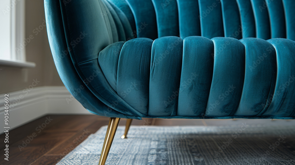 Obraz premium Close-up of a blue velvet sofa with gold legs in a modern interior.