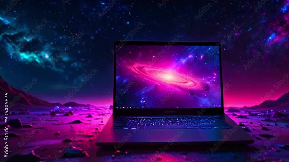 This video shows a laptop with a colorful space-themed screen against a backdrop of a fictional alien landscape. This video shows a laptop with a colorful space-themed screen against a backdrop of a fictional alien landscape.