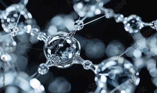 Close-up of large, round, crystal-clear hyaluronic acid molecules with strings tied together, similar to glass photo