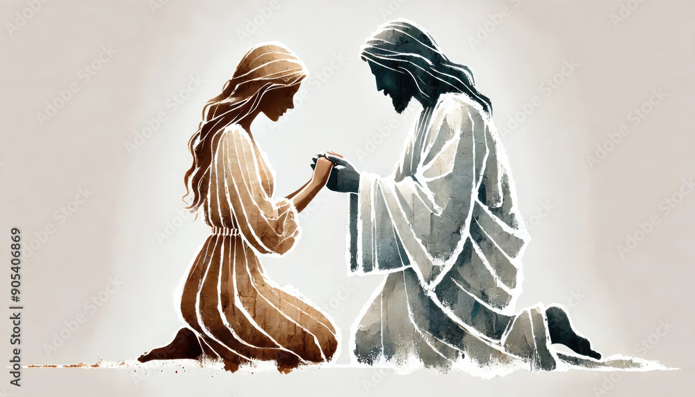 Jesus comforting the faithful. A woman kneeling, head bowed, Jesus ...