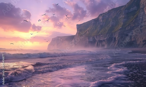 Wallpaper Mural Coastal serenity, gentle waves lapping against weathered cliffs under a pastel-colored sunrise. Seabirds glide effortlessly above the mist-shrouded shoreline Torontodigital.ca