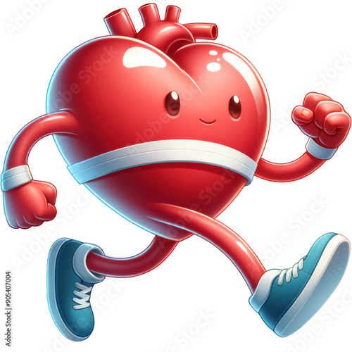 Red heart with long legs and sport shoes running. Fit muscle jogging. Cartoon illustration. Concept of fitness, health, marathon, strength, muscle, race