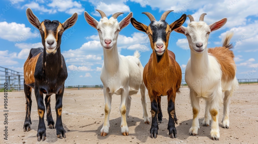 Four cheerful goats stand together in an open field under a bright blue sky, showcasing their playful personalities. Four cheerful goats stand together in an open field under a bright blue sky, showcasing their playful personalities.