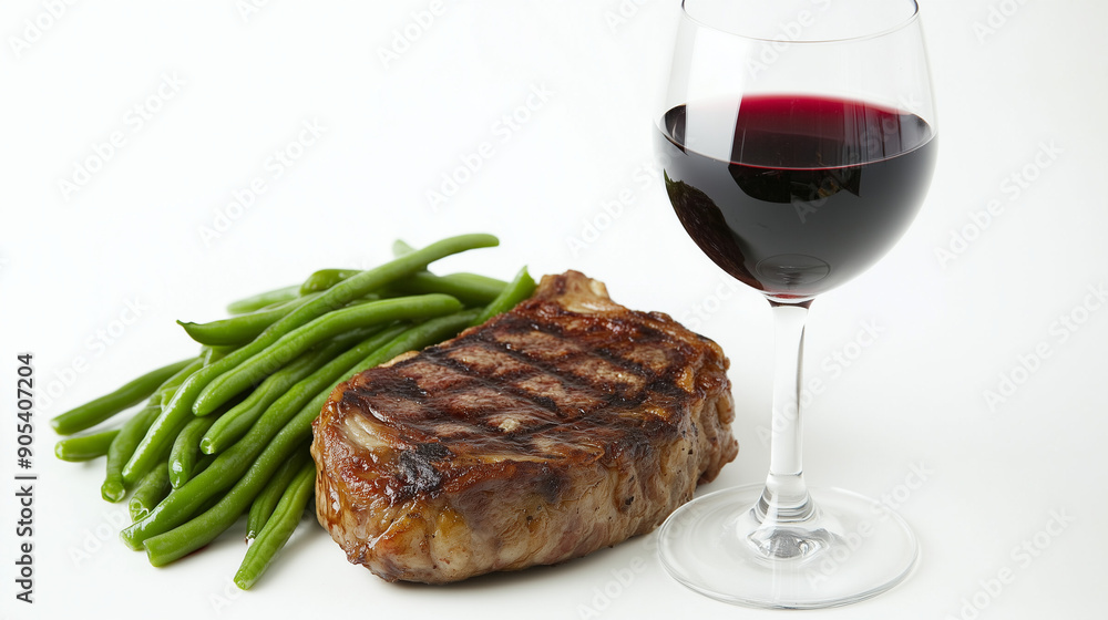 steak with green beans and glass of red wine isolated on white background steak with green beans and glass of red wine isolated on white background