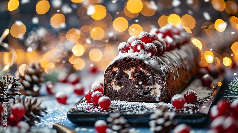 Classical christmas log cake in chocolate on a table surrounded by berries with a festive backdrop of bokeh lights Classical christmas log cake in chocolate on a table surrounded by berries with a festive backdrop of bokeh lights