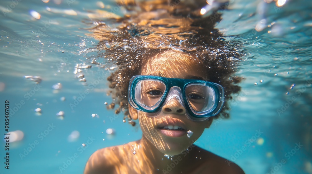 Fototapeta premium Little kid child male toddler or boy with goggles swimming in the pool, underwater diving in the sea. Summer vacation, healthy sport activities, beach holiday, having fun, blue ocean, swimwear