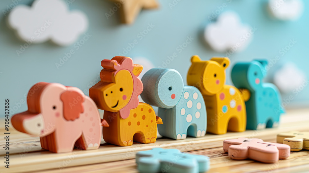 Colorful wooden animal toys arranged in a row on a wooden surface. Colorful wooden animal toys arranged in a row on a wooden surface.