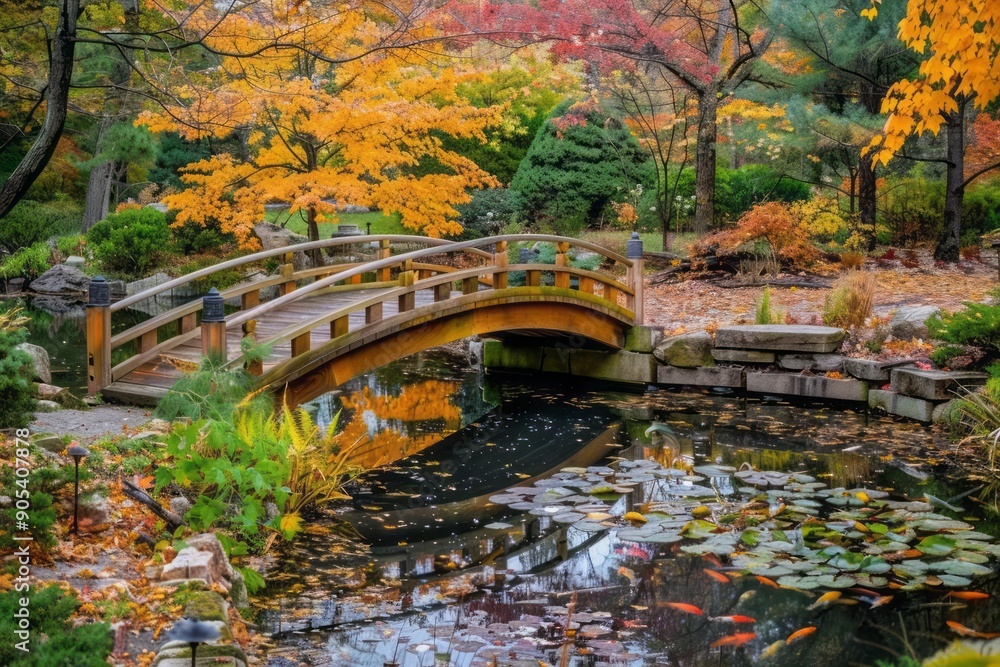 Japanese garden in autumn, with a traditional wooden bridge over a koi ...