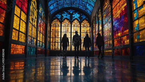 Silhouettes strolling through a colorful stained glass corridor, casting vibrant reflection